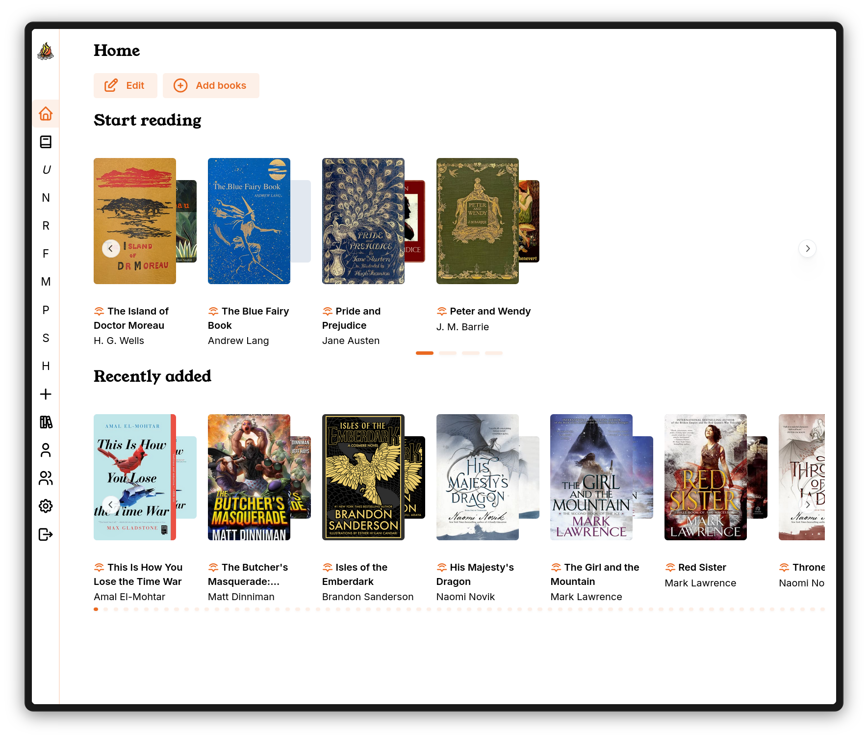 A screenshot of the new Storyteller library interface. A grid of book thumbnails covers the page, with a side navigation bar showing a list of collections and other links.